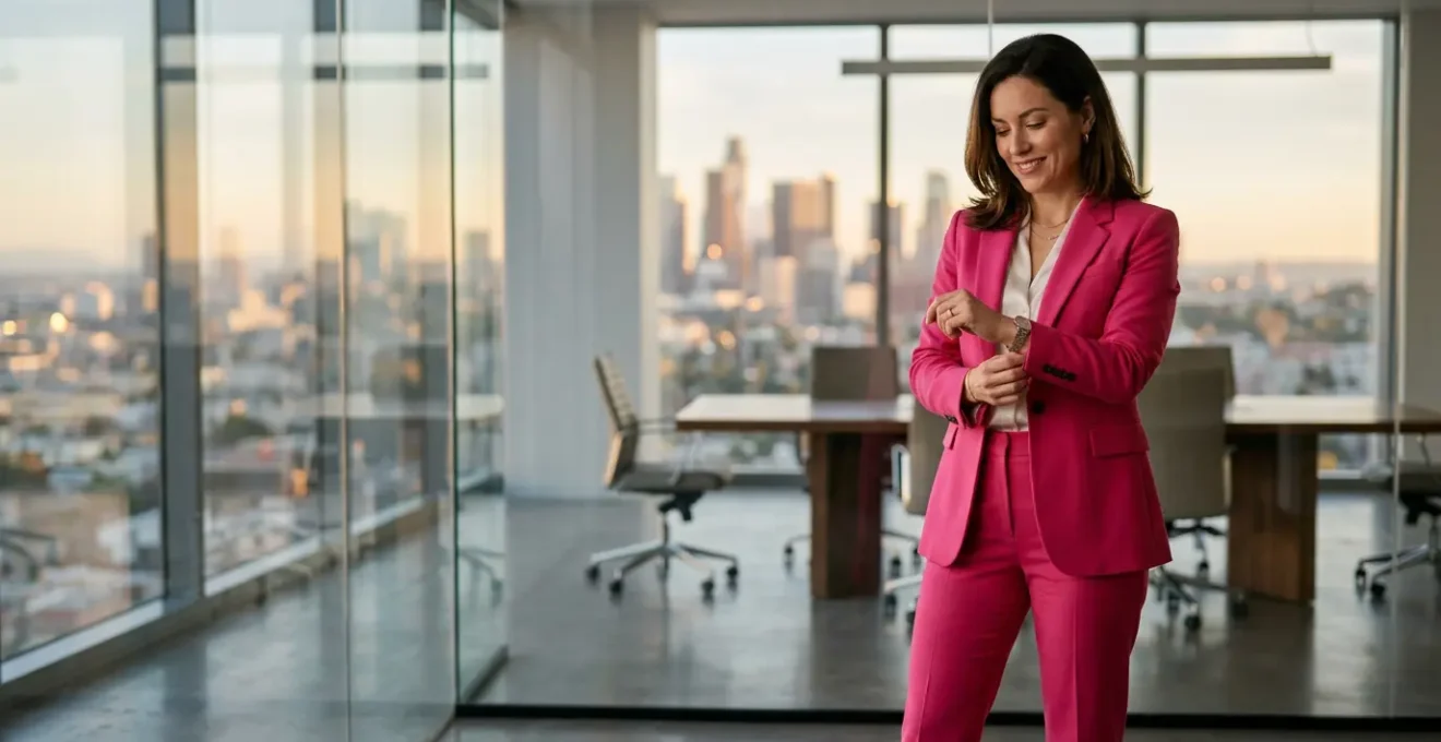 Professional woman in bright pink suit preparing confidently for business meeting