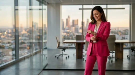 Professional woman in bright pink suit preparing confidently for business meeting
