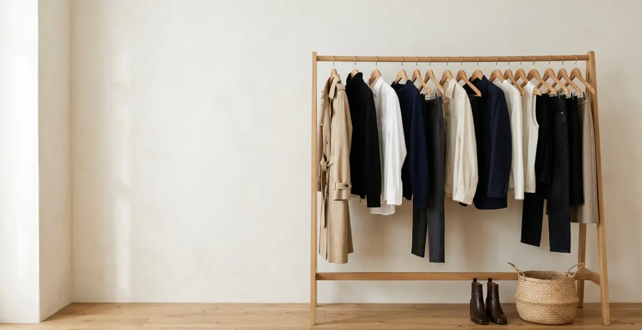 Minimalist capsule wardrobe with neutral clothing items arranged systematically