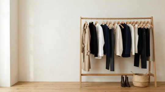 Minimalist capsule wardrobe with neutral clothing items arranged systematically