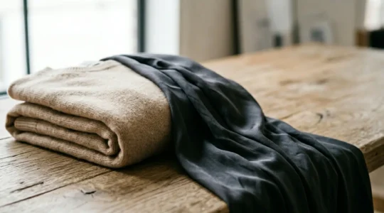 Luxurious cashmere and silk garments displayed with timeless elegance