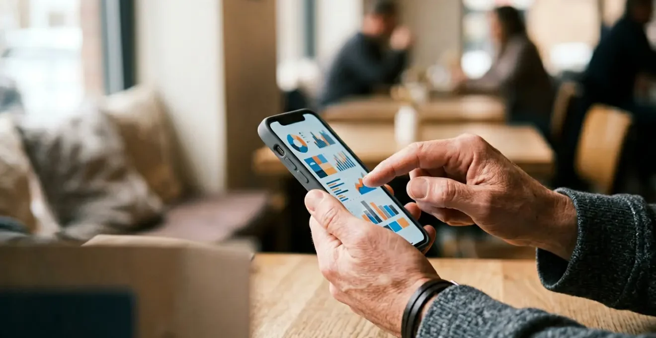 Close-up of hands using smartphone to research ethical fashion supply chain information in natural window light