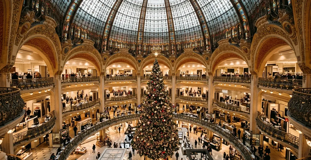 Panoramic view of Galeries Lafayette during Christmas season showing festive decorations and shoppers