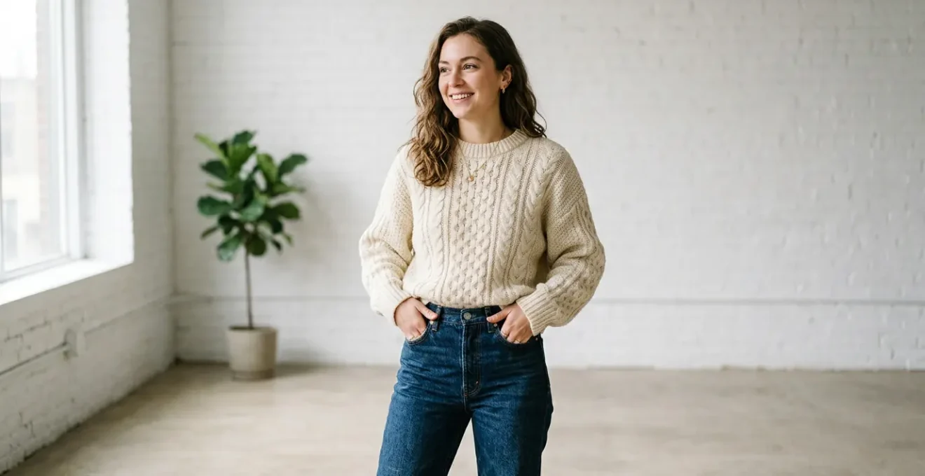 A person wearing a chunky knit sweater perfectly tucked into high-waisted jeans, showcasing clean lines and proportions