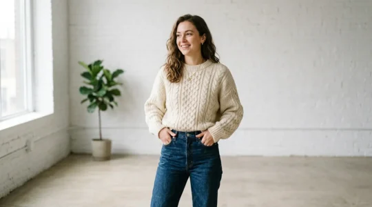 A person wearing a chunky knit sweater perfectly tucked into high-waisted jeans, showcasing clean lines and proportions