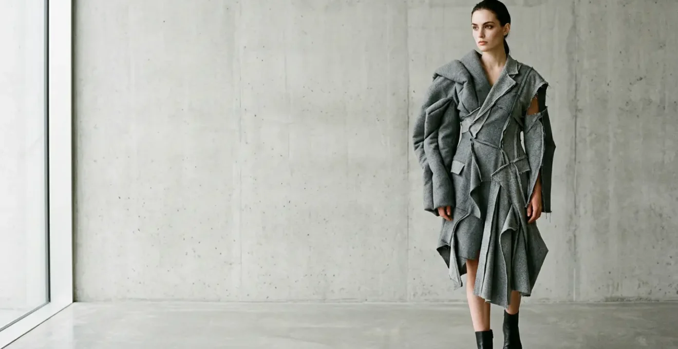 Conceptual runway garment with sculptural volumes defying conventional body shapes in editorial setting