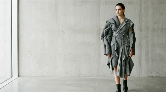 Conceptual runway garment with sculptural volumes defying conventional body shapes in editorial setting
