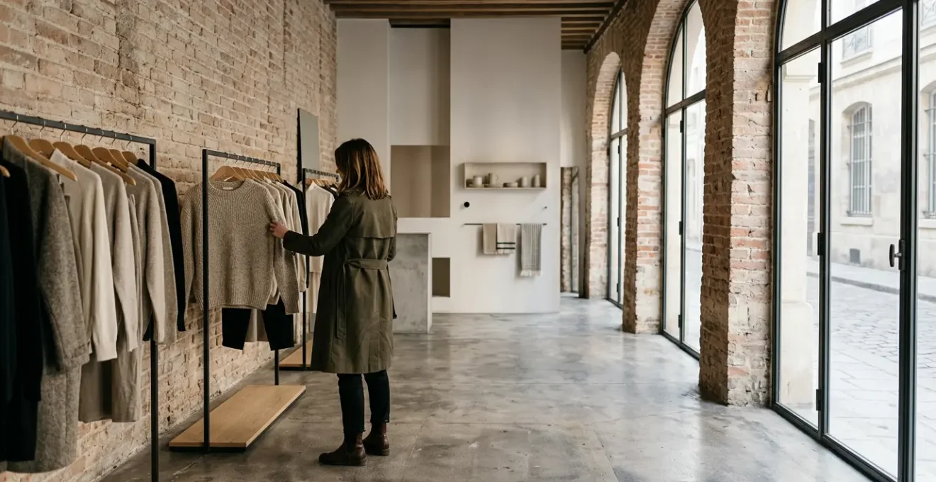 A fashion-forward shopper browsing unique garments in a minimalist Le Marais concept store