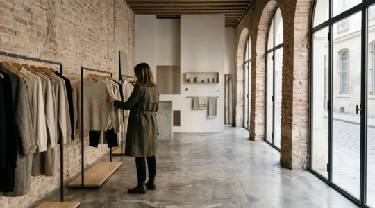 A fashion-forward shopper browsing unique garments in a minimalist Le Marais concept store