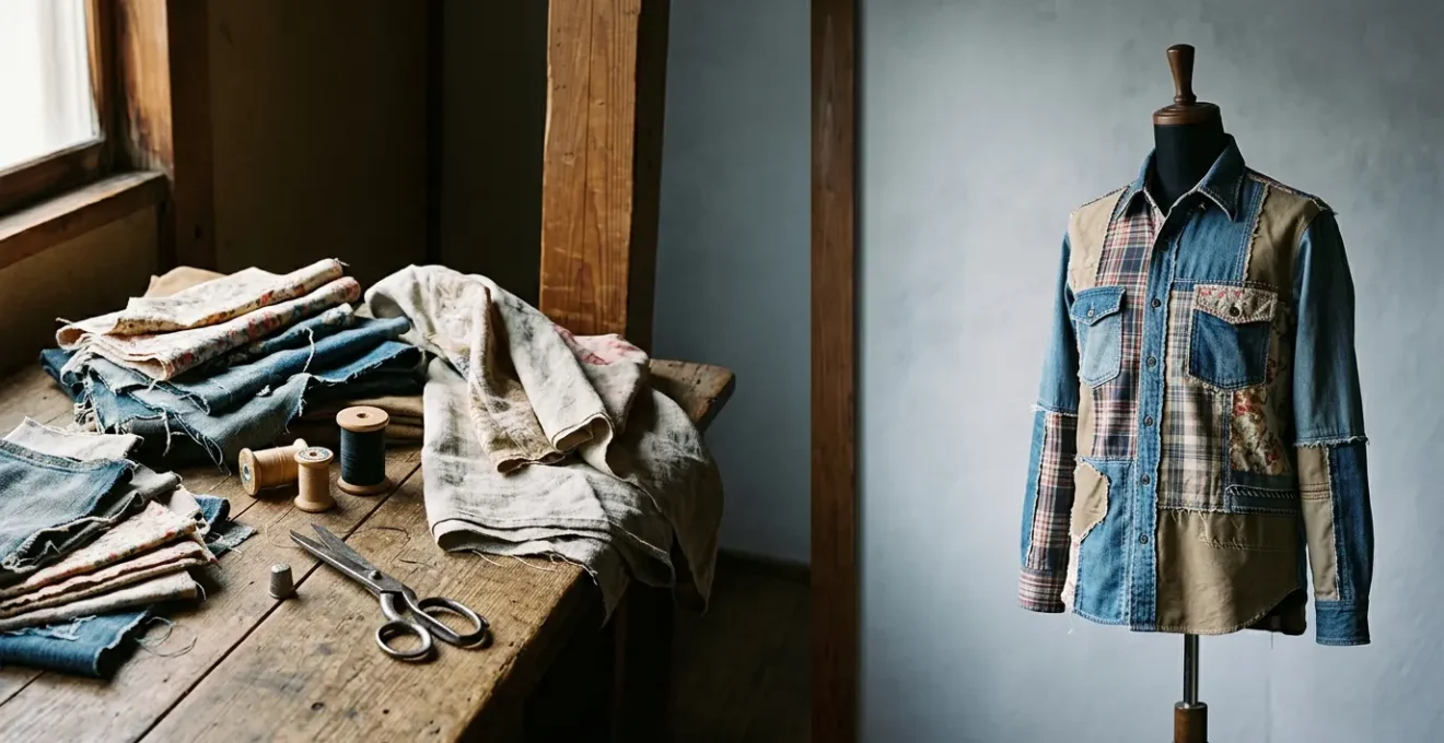 Thoughtful composition showing contrasts between handcrafted fashion transformation and luxury sustainable design process