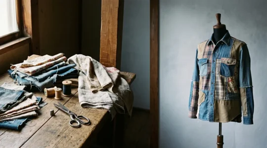 Thoughtful composition showing contrasts between handcrafted fashion transformation and luxury sustainable design process