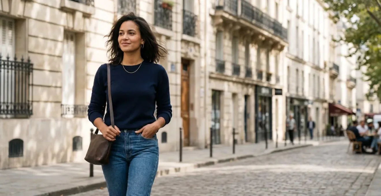 Confident woman embodying effortless French style with natural elegance and relaxed sophistication