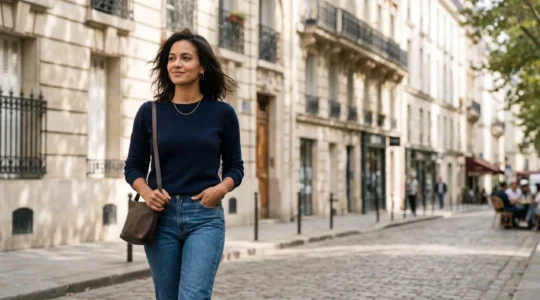 Confident woman embodying effortless French style with natural elegance and relaxed sophistication