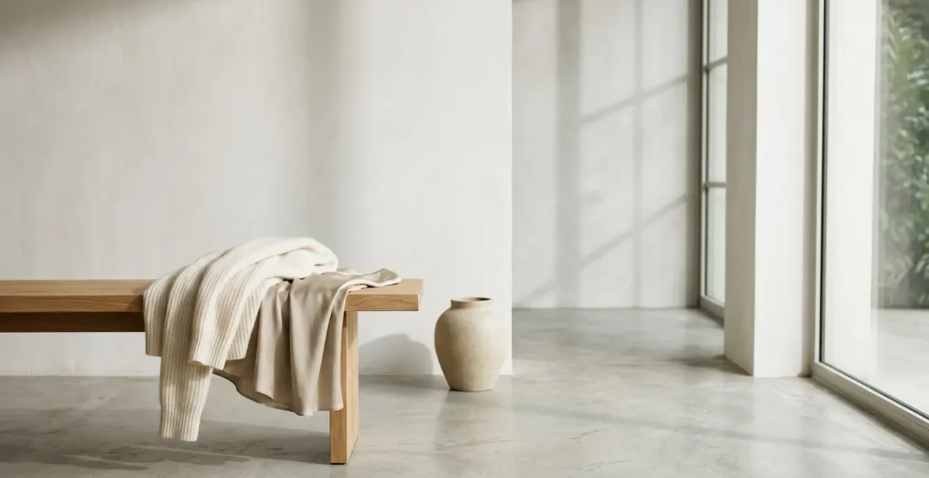 Minimalist elevated loungewear aesthetic with luxurious fabric textures and neutral palette