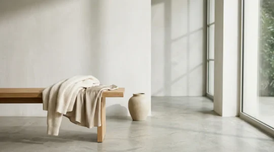 Minimalist elevated loungewear aesthetic with luxurious fabric textures and neutral palette