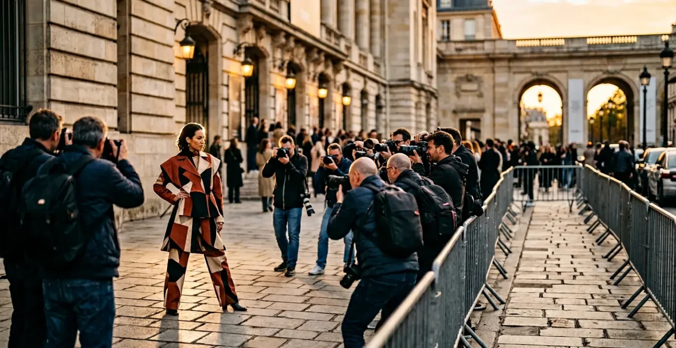 A fashion influencer posing outside a fashion show venue with photographers capturing the moment, symbolizing the calculated business strategy of peacocking during fashion week