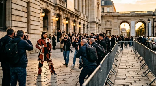 A fashion influencer posing outside a fashion show venue with photographers capturing the moment, symbolizing the calculated business strategy of peacocking during fashion week