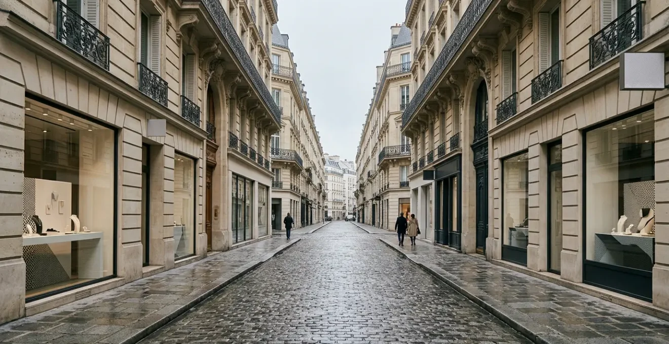 Elegant jewelry boutique display on Faubourg Saint-Honoré street in Paris showcasing timeless luxury pieces