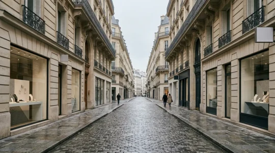 Elegant jewelry boutique display on Faubourg Saint-Honoré street in Paris showcasing timeless luxury pieces
