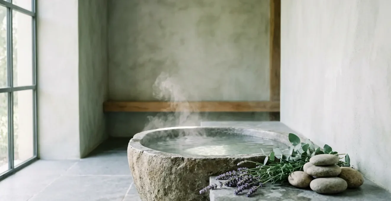 Minimalist composition showing thermal water mist with natural mineral elements for eczema skincare