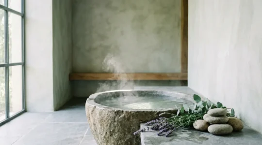 Minimalist composition showing thermal water mist with natural mineral elements for eczema skincare