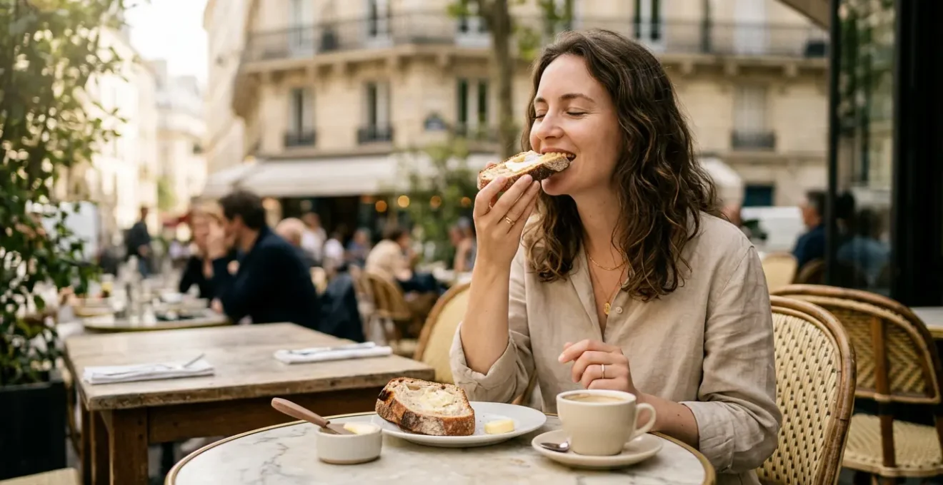 A French woman sitting at a sunlit café table mindfully savoring a piece of fresh bread with butter, embodying the intuitive eating philosophy