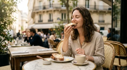 A French woman sitting at a sunlit café table mindfully savoring a piece of fresh bread with butter, embodying the intuitive eating philosophy