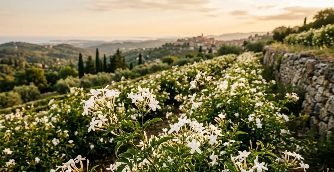 Golden hour light illuminating white jasmine flowers in a traditional Grasse terraced field with stone walls
