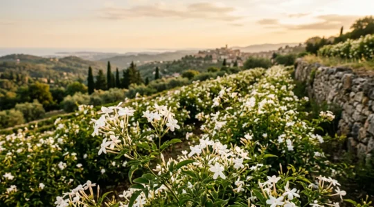 Golden hour light illuminating white jasmine flowers in a traditional Grasse terraced field with stone walls