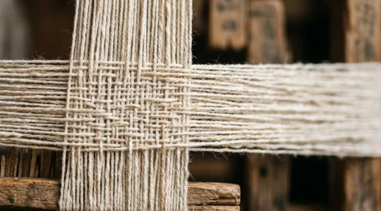 Close-up view of hand-woven textile showing natural variations and organic irregularities in weave pattern