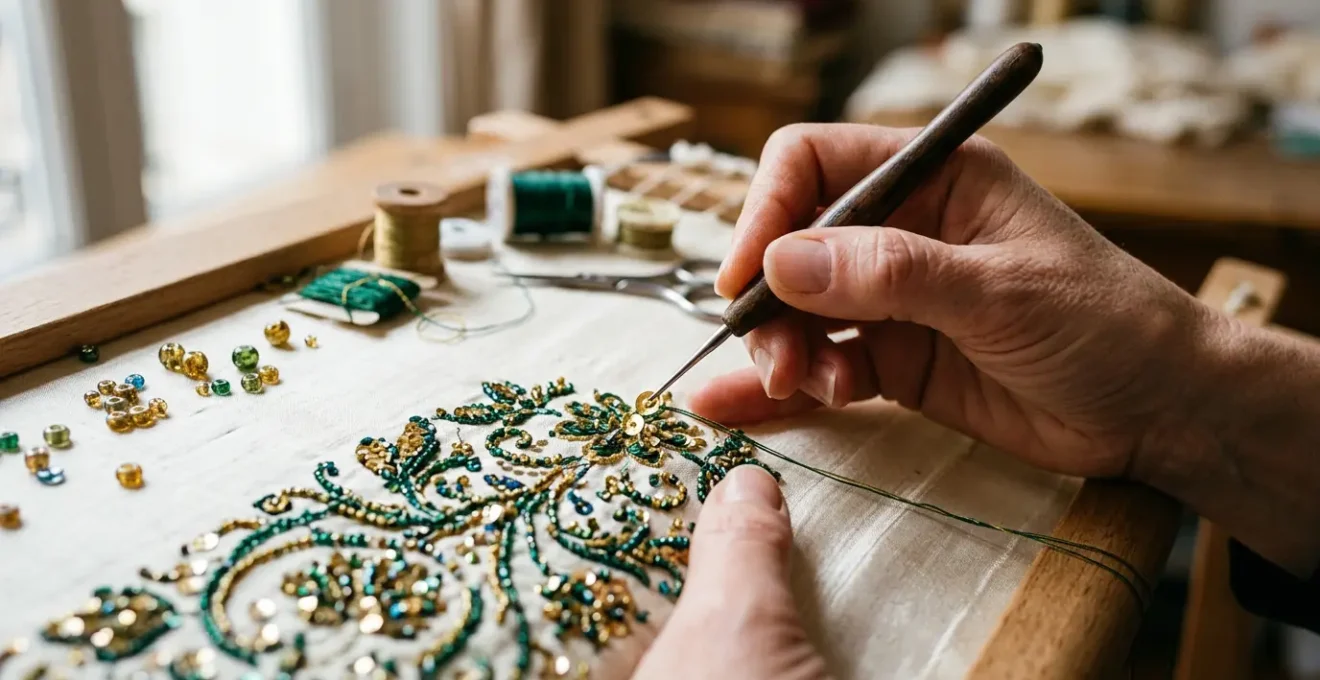 Close-up of skilled artisan hands embroidering intricate details on luxurious haute couture fabric in a Parisian atelier