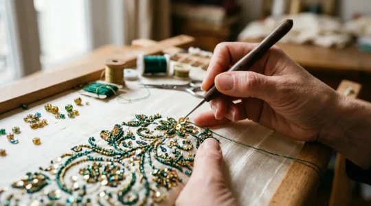 Close-up of skilled artisan hands embroidering intricate details on luxurious haute couture fabric in a Parisian atelier