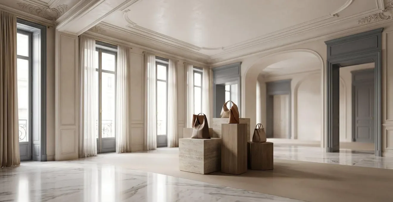 Elegant interior of Parisian luxury boutique with sophisticated ambiance and premium leather goods