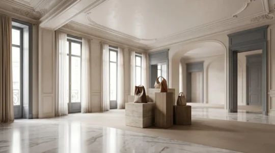 Elegant interior of Parisian luxury boutique with sophisticated ambiance and premium leather goods