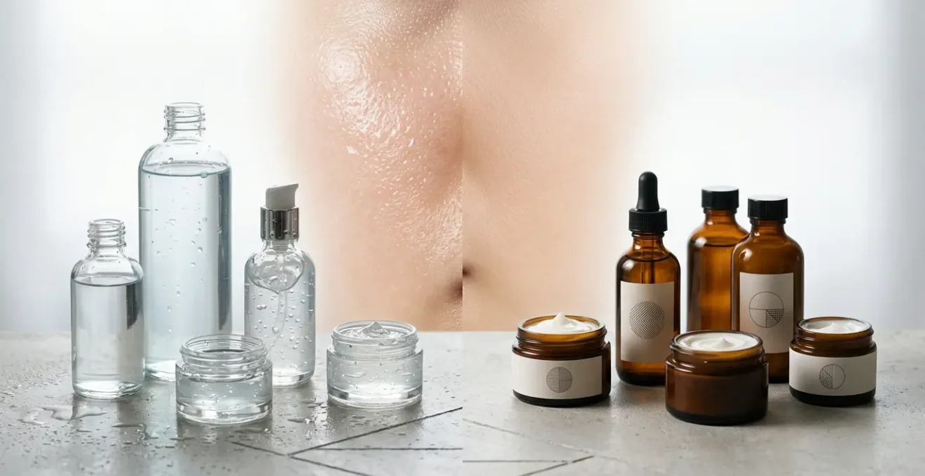 Conceptual comparison of K-Beauty and French Pharmacy anti-aging approaches through skincare products and textures