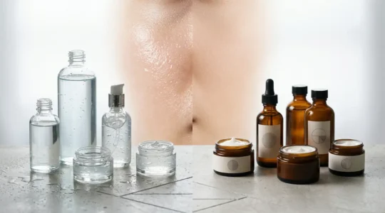 Conceptual comparison of K-Beauty and French Pharmacy anti-aging approaches through skincare products and textures