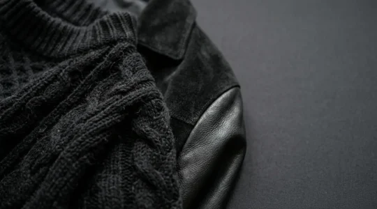 Close-up editorial photograph showing the tactile contrast between soft black knitwear and structured black leather surfaces in a high-end fashion context