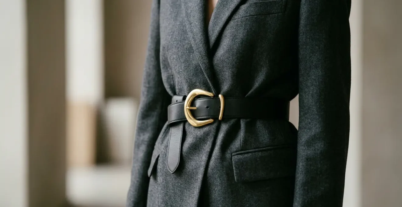 Sophisticated leather logo belt styling detail on tailored outfit