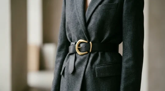 Sophisticated leather logo belt styling detail on tailored outfit