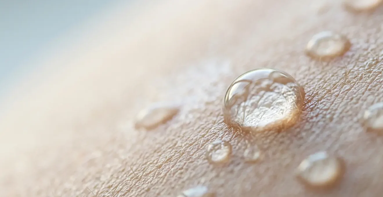 Close-up of transparent micellar water droplets on skin showing natural texture and light reflection