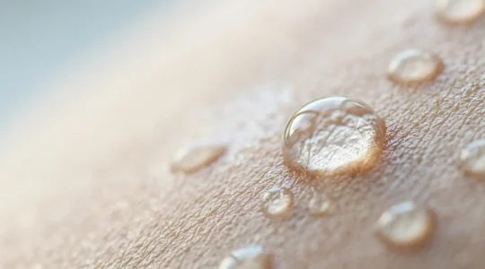 Close-up of transparent micellar water droplets on skin showing natural texture and light reflection