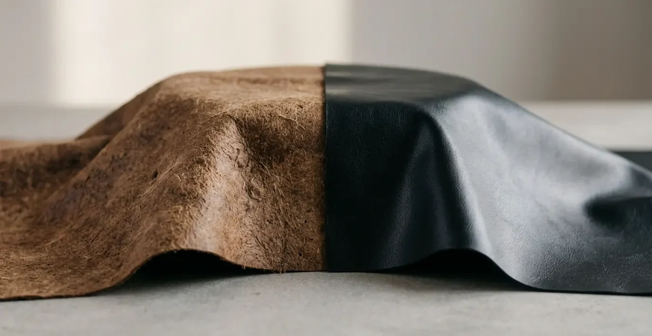 Split composition contrasting organic mushroom mycelium texture with synthetic plastic-coated material under natural lighting