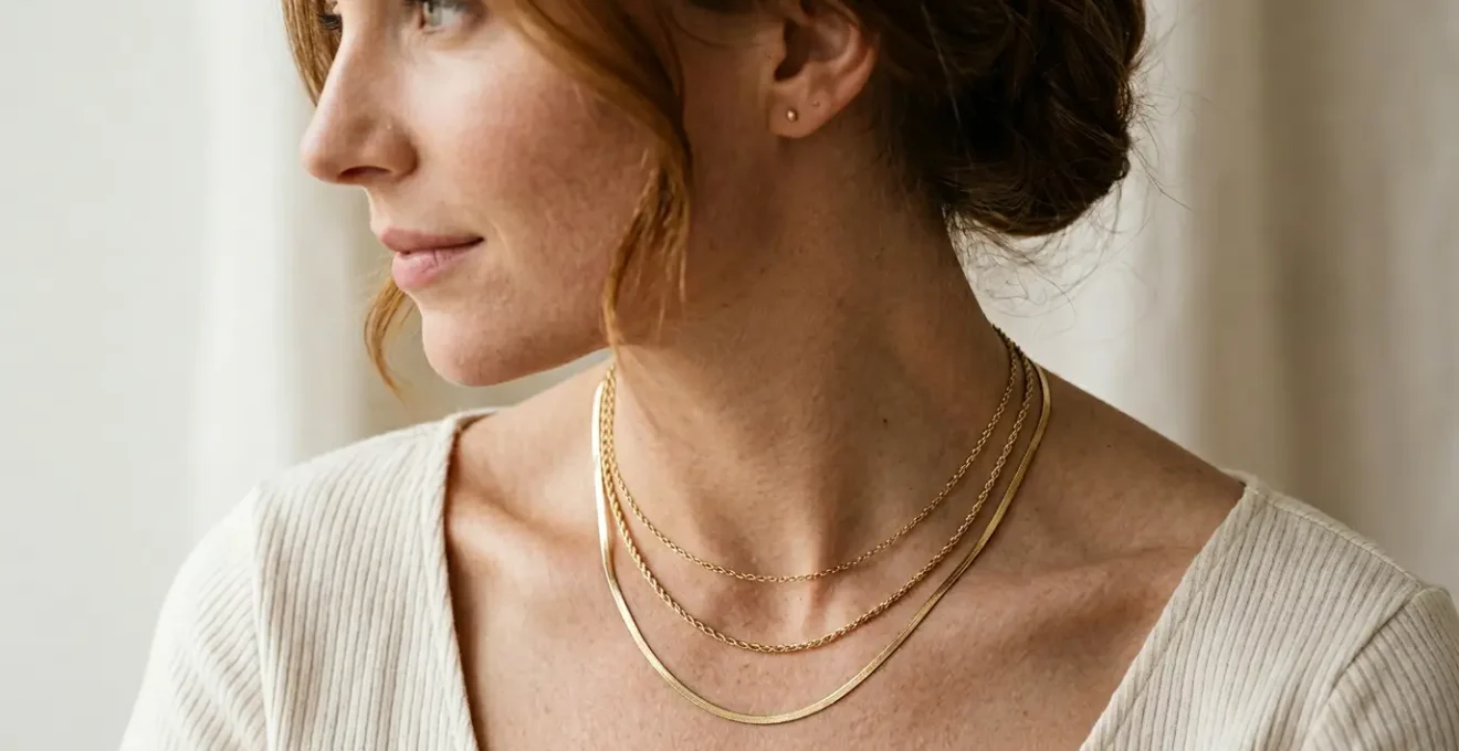 Three delicate gold chains layered at different lengths on a neck, displaying perfect spacing and no tangling