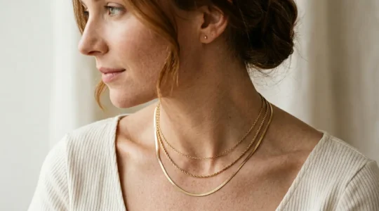 Three delicate gold chains layered at different lengths on a neck, displaying perfect spacing and no tangling