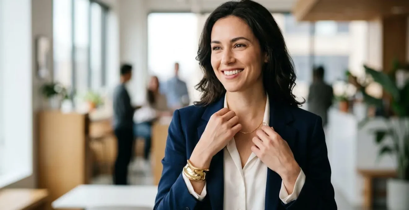 Professional woman styling oversized gold cuff jewelry at modern workplace setting