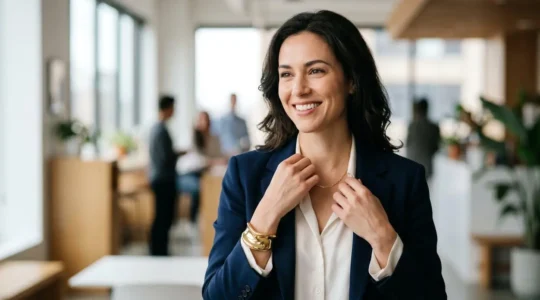 Professional woman styling oversized gold cuff jewelry at modern workplace setting
