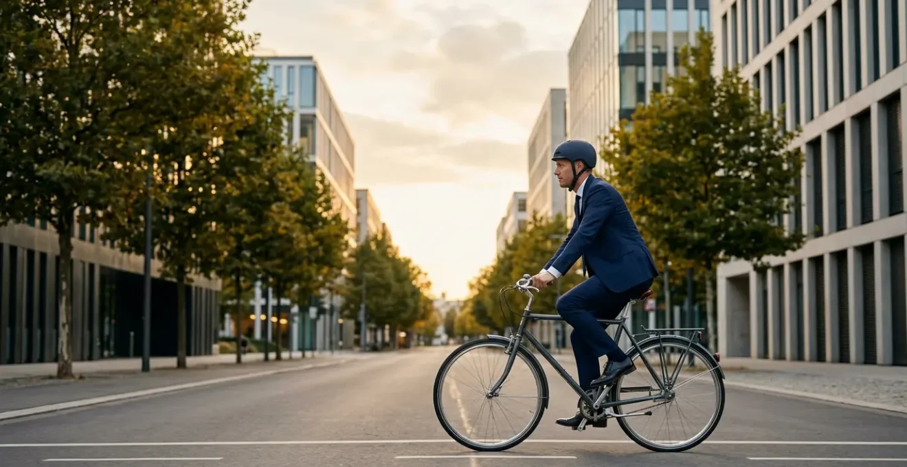 Professional commuter cycling in formal business attire without wrinkles