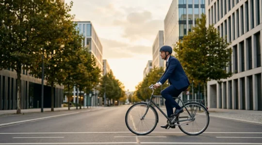 Professional commuter cycling in formal business attire without wrinkles