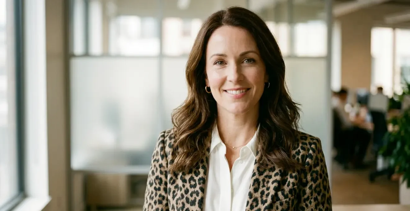 Professional woman wearing sophisticated leopard print blazer in modern office environment with natural lighting