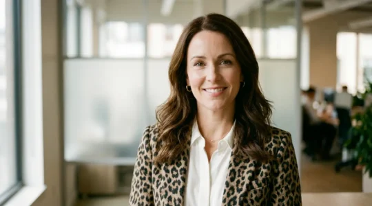 Professional woman wearing sophisticated leopard print blazer in modern office environment with natural lighting